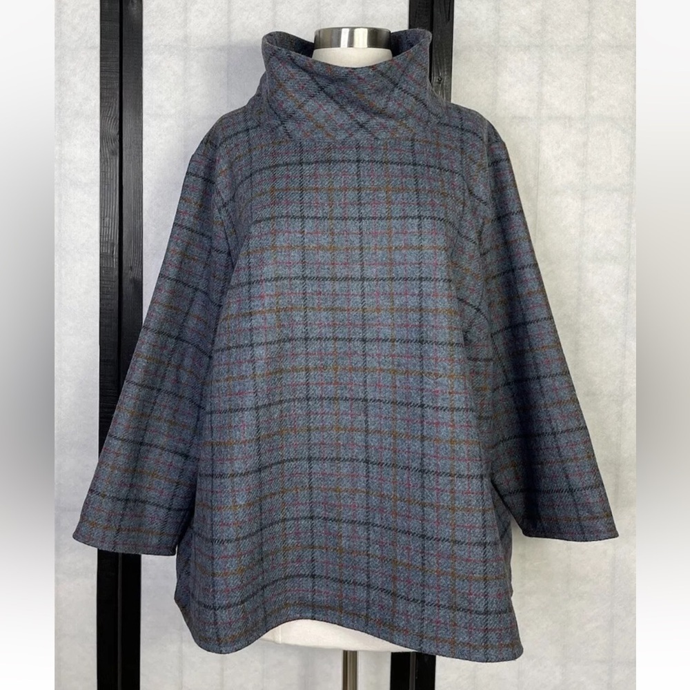 Plaid Funnel Neck Women’s Top in Slate Blue